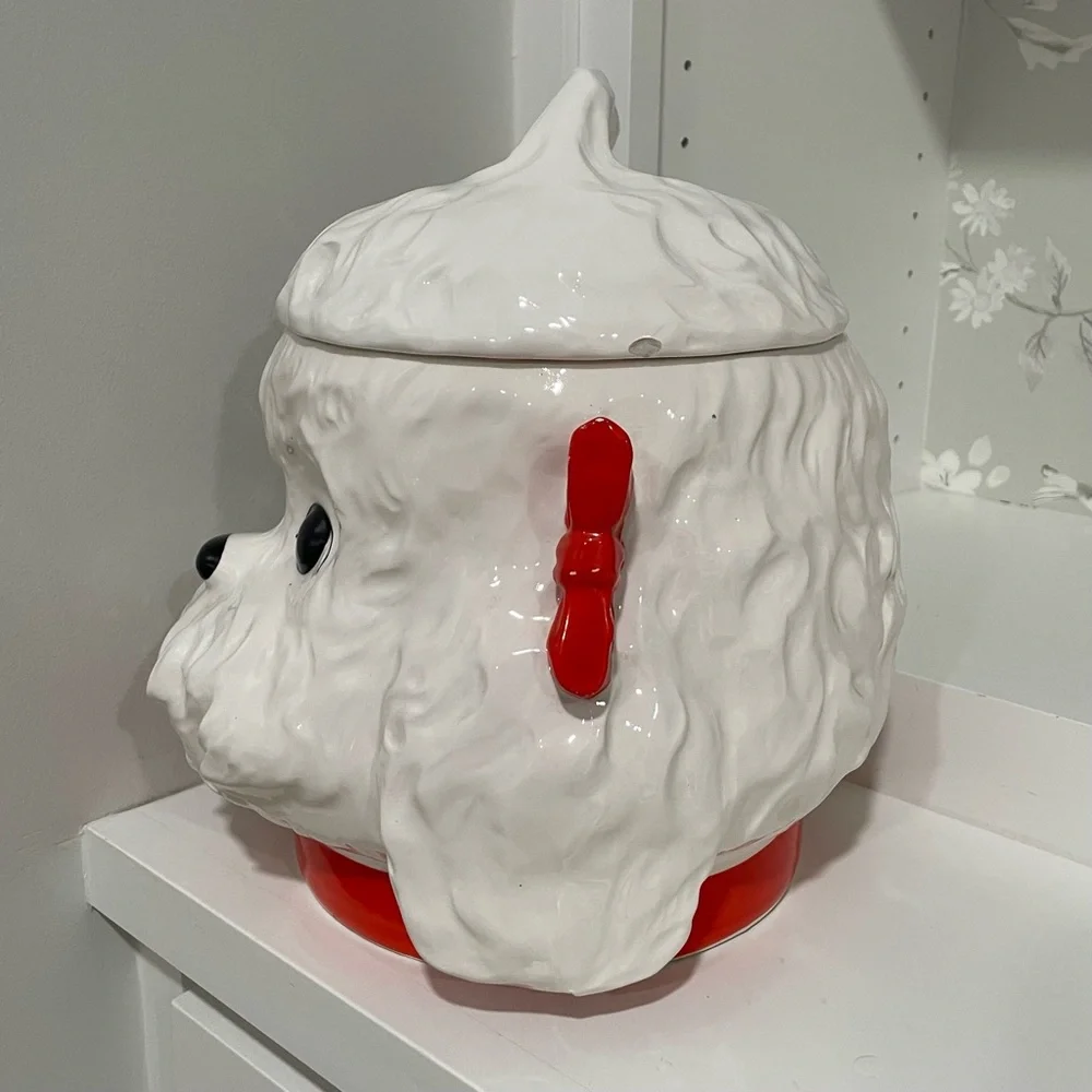 Vintage 1950s Poodle Dog Cookie Jar Red Bows MCM Kitschy Kitchenware Grandma - Picture 2 of 10